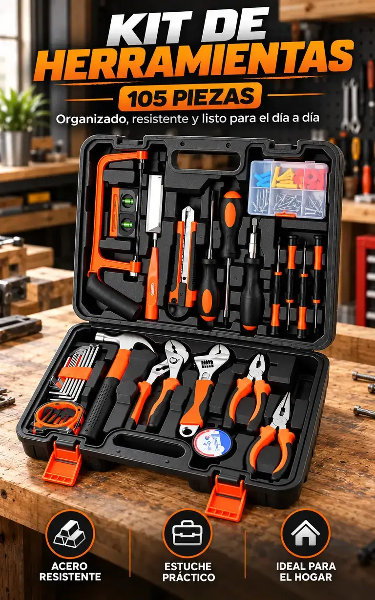 Kit de herramientas FerraMax de 105 piezas, organizado, resistente y listo para el día a día